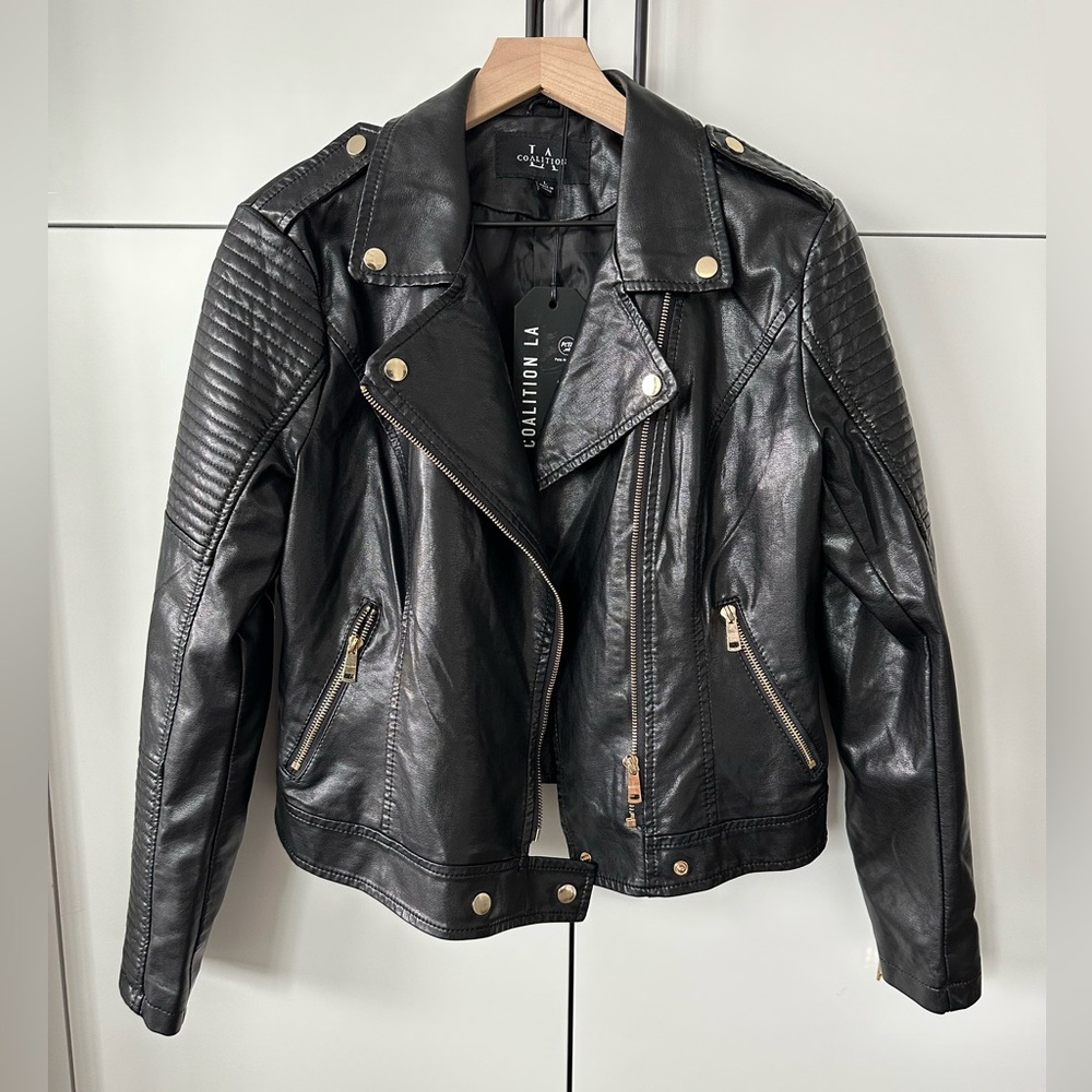 Black Faux Leather Jacket with gold hardware